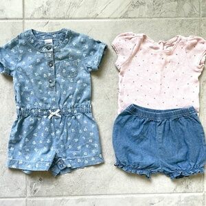 Baby Girl Chambray Short Sleeve Jumpsuit & Pink Onesie + Chambray Pant 6M Carter